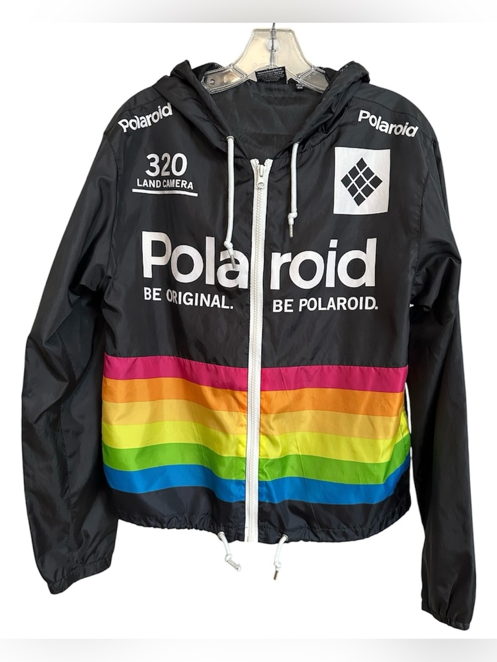 Polaroid Black Windbreaker with Rainbow Stripe Y2K Logo-Mania Adult M Unisex